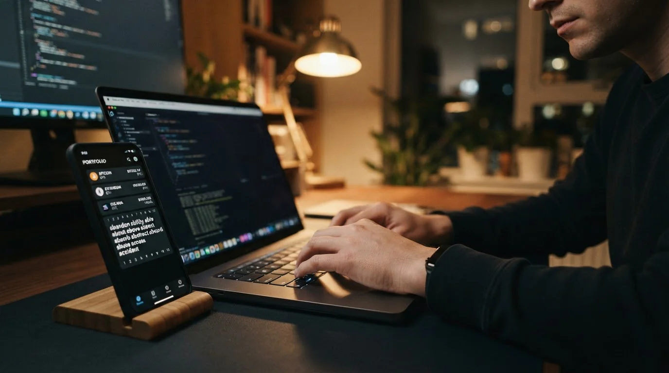 Manos tecleando en laptop con concentración mientras smartphone muestra wallet XRP