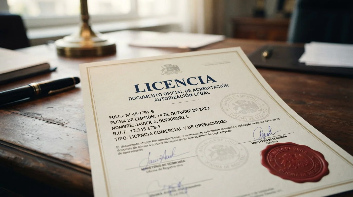 Documento oficial con sello mostrando licencia en escritorio