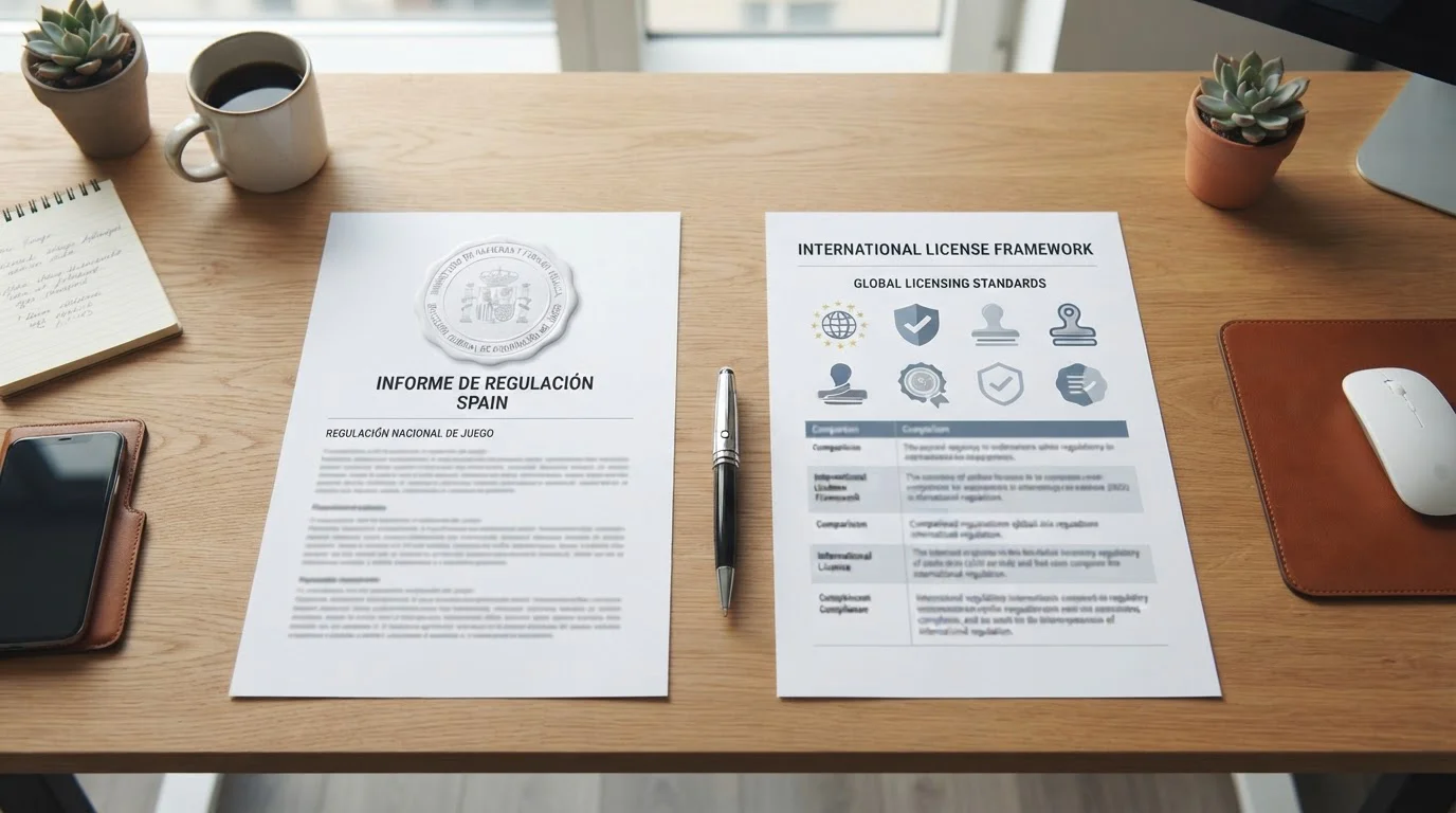 Documento comparativo mostrando diferencias entre regulación DGOJ y licencias offshore en mesa de oficina