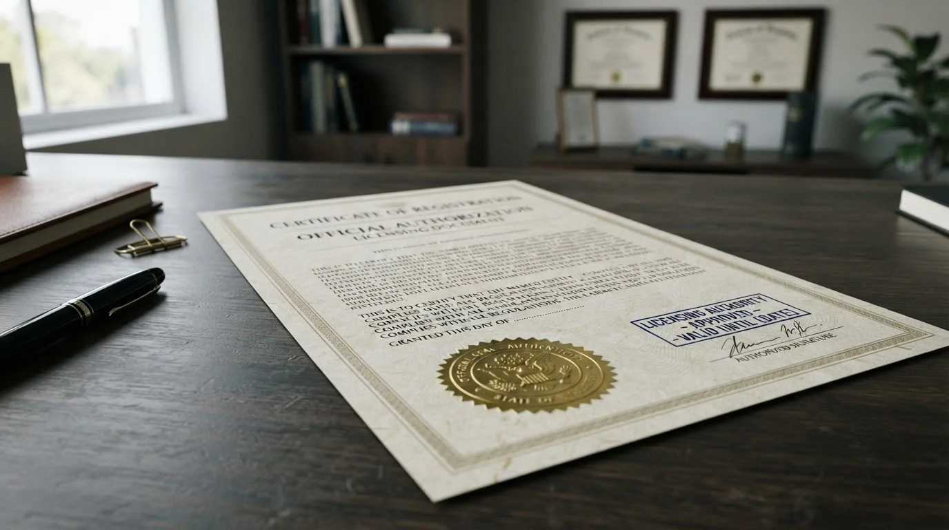 Documento de licencia oficial con sello sobre escritorio