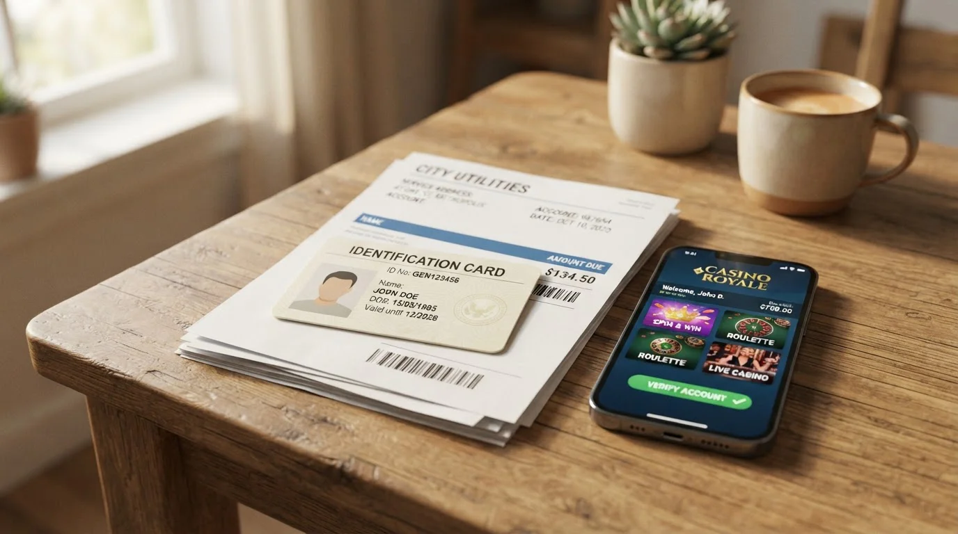 Stack de documentos de identidad DNI junto a comprobante de domicilio y móvil con app de casino