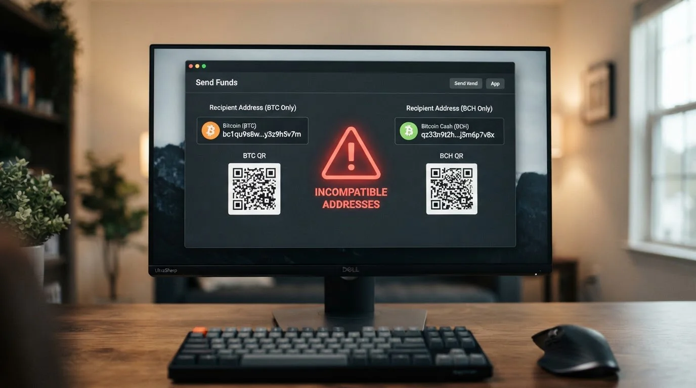 Direcciones de wallet BTC y BCH lado a lado con señal de advertencia mostrando incompatibilidad