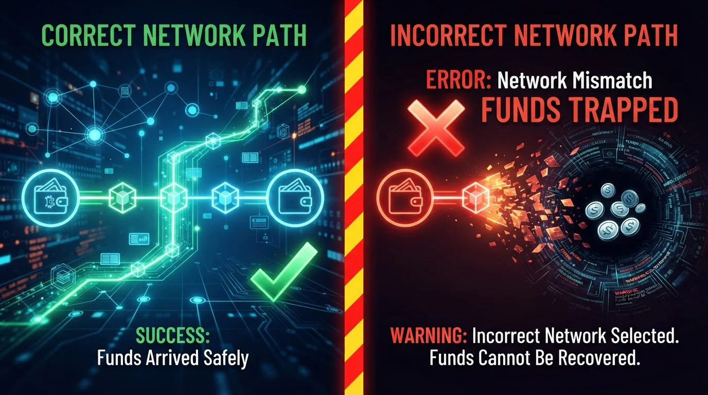 Escena de error en transacción blockchain mostrando fondos perdidos por red equivocada
