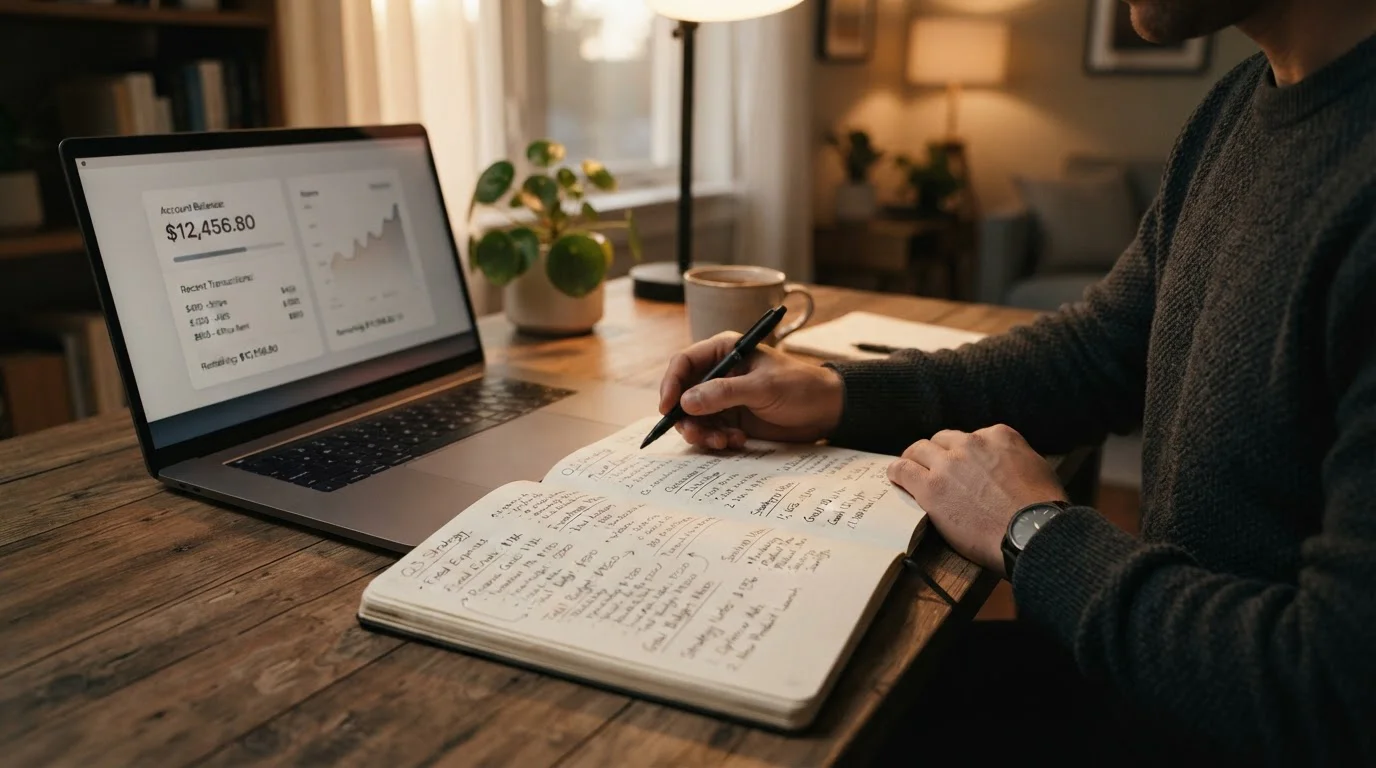 Jugador calculando estrategia de retiro parcial con notas y laptop