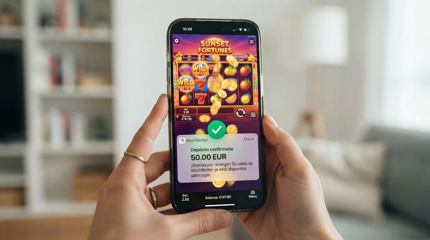 Juego en casino móvil con notificación de depósito confirmado MuchBetter en smartphone