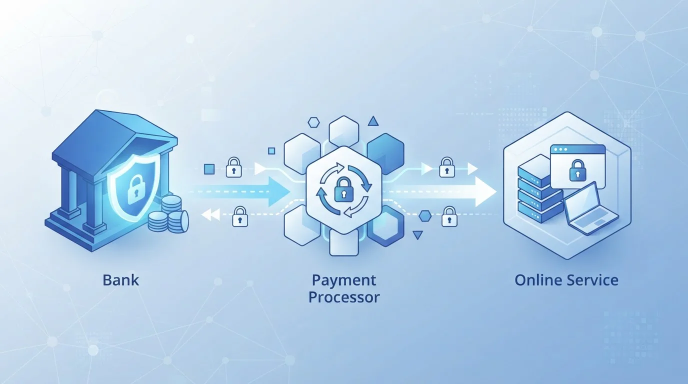 Diagrama ilustrativo mostrando flujo de conexión entre banco, procesador de pagos y servicio online con símbolos de seguridad