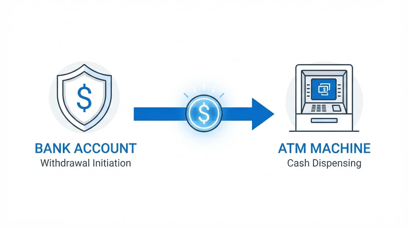 Diagrama mostrando el flujo unidireccional de HalCash desde cuenta bancaria hacia cajero automático