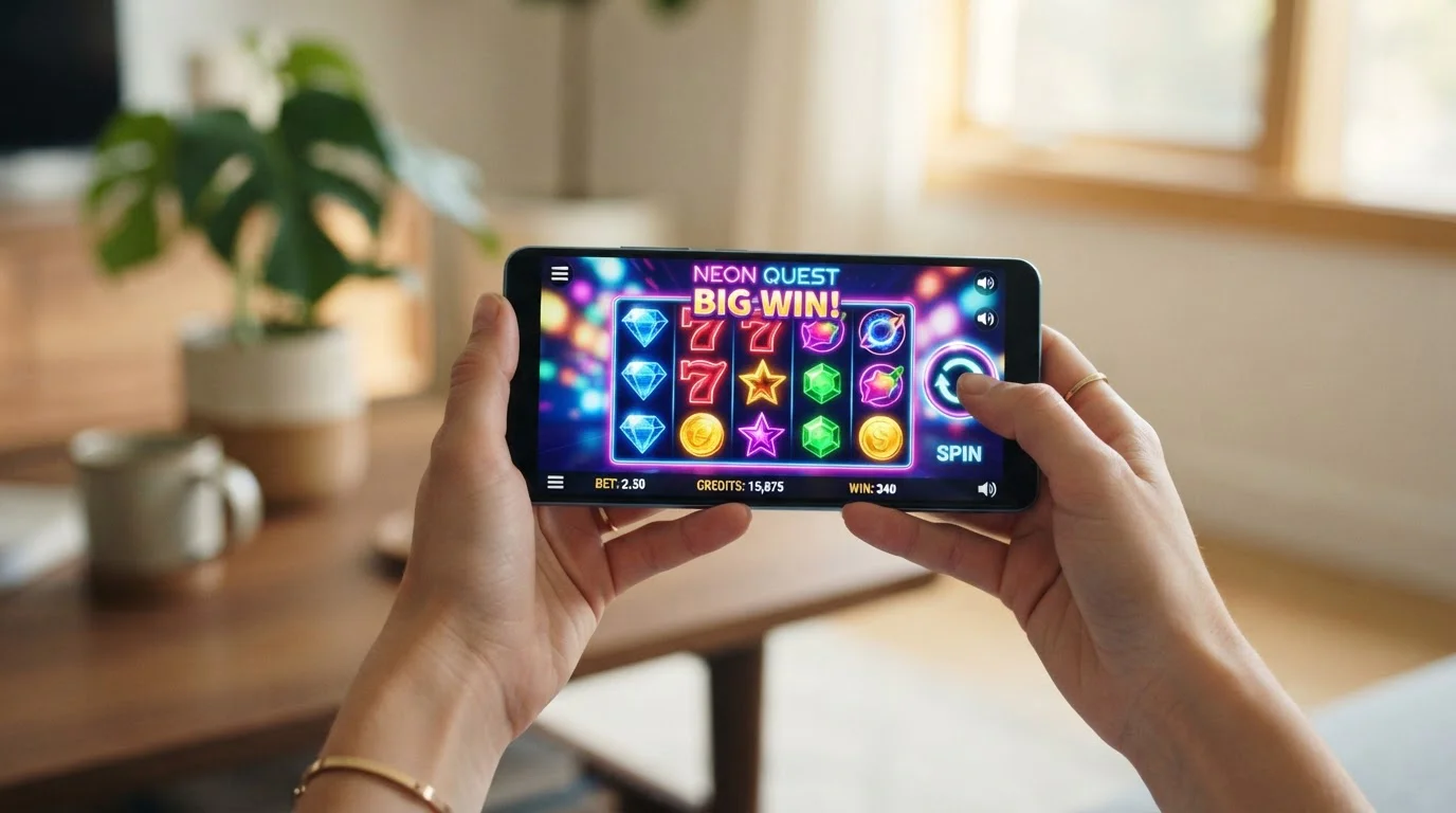 Smartphone mostrando juego de slots con interfaz colorida