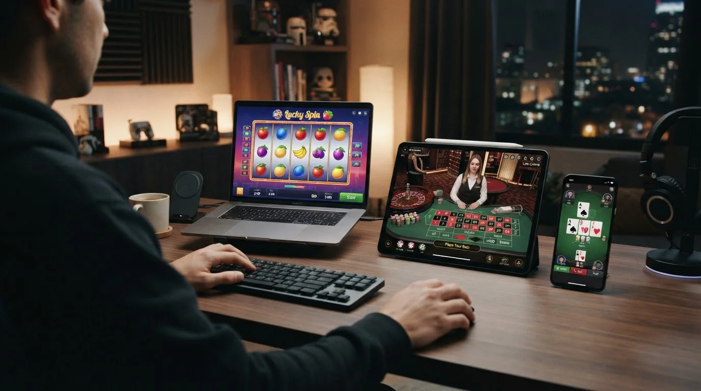 Configuración de gaming mostrando diferentes tipos de juegos de casino en múltiples dispositivos