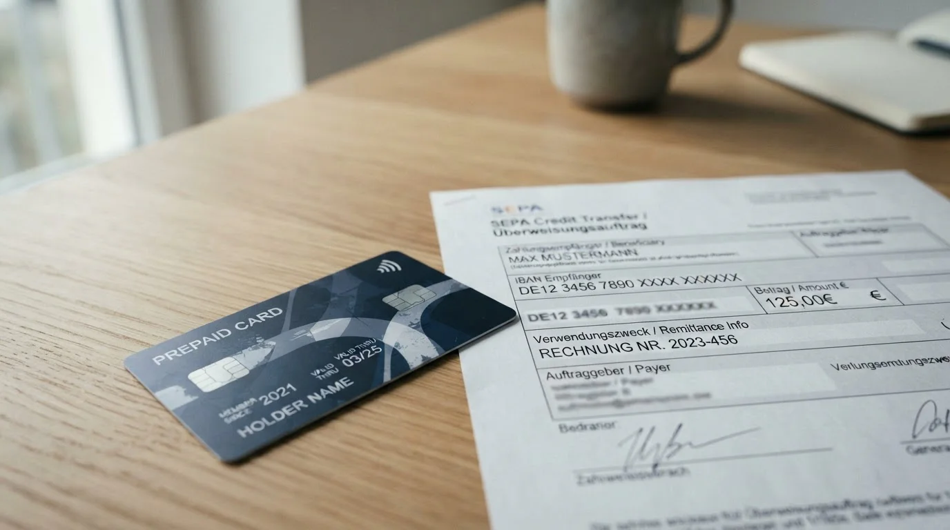 Tarjeta Kirolbet en escritorio con documento de transferencia bancaria SEPA