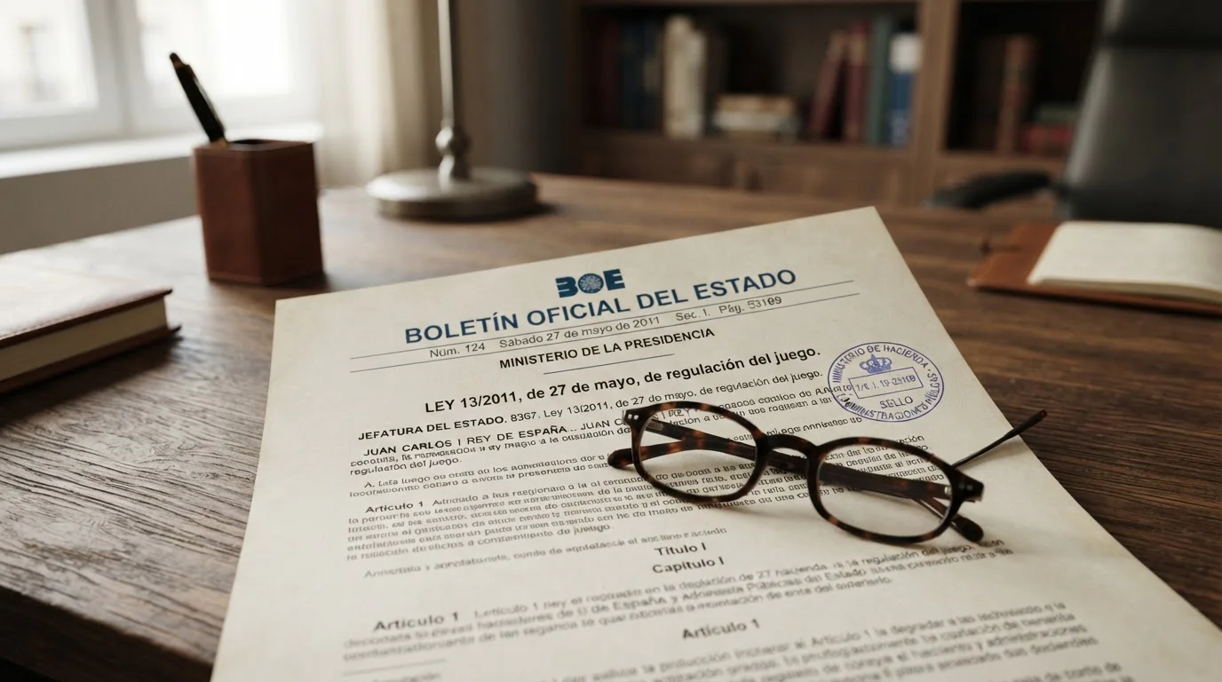 Documento legal español BOE Ley 13/2011 con sello oficial sobre escritorio