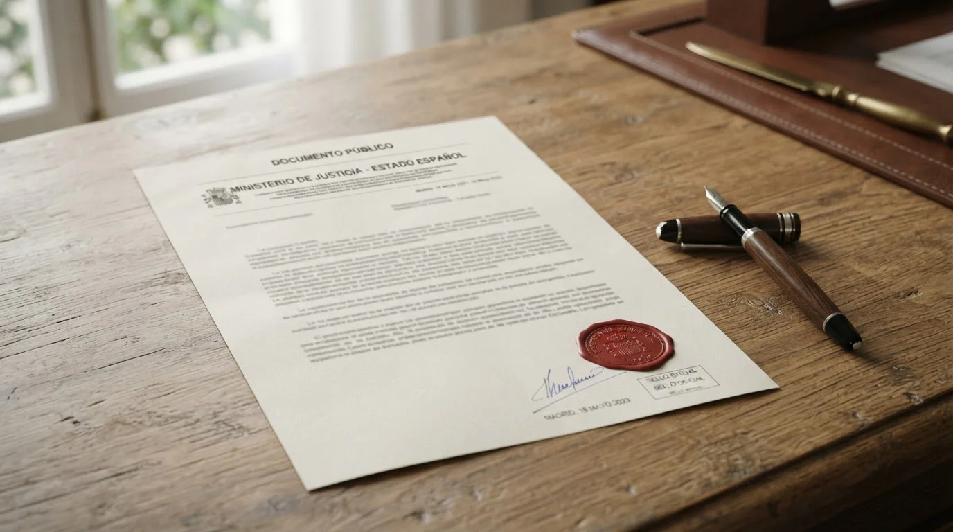Documento legal español con sello oficial sobre escritorio de madera