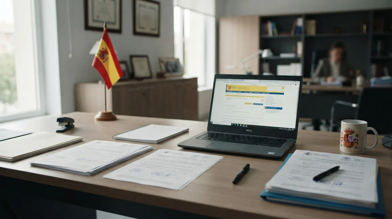 Escritorio profesional con documentos oficiales de regulación española y laptop con dominio .es