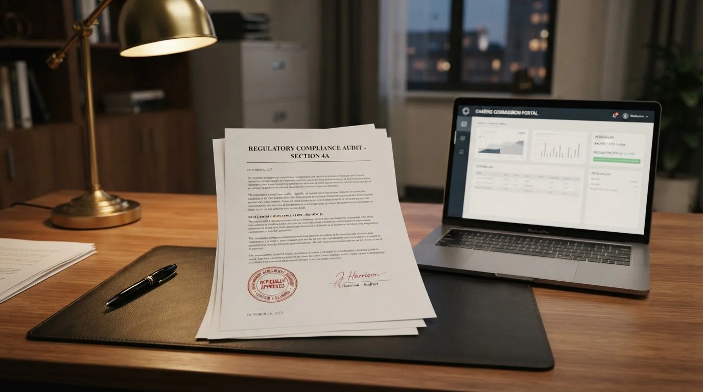 Documento oficial DGOJ con sello visible junto a laptop mostrando interfaz de casino regulado