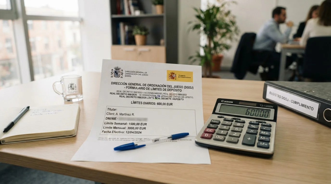 Documento con límites de depósito DGOJ y calculadora mostrando topes