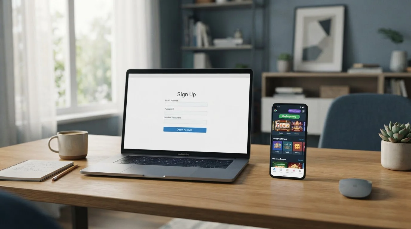 Escritorio con laptop mostrando interfaz de registro simplificado en casino online