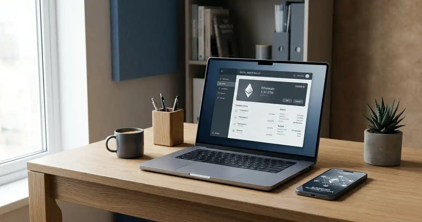 Escritorio moderno con laptop mostrando wallet de Ethereum y smartphone con visualización blockchain
