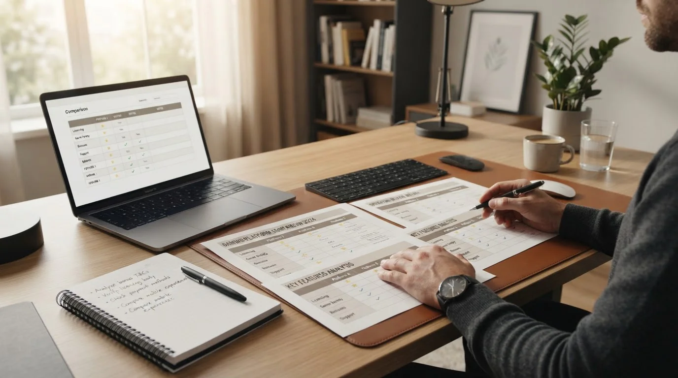 Escritorio organizado con documentos de comparación de casinos y laptop con tabla