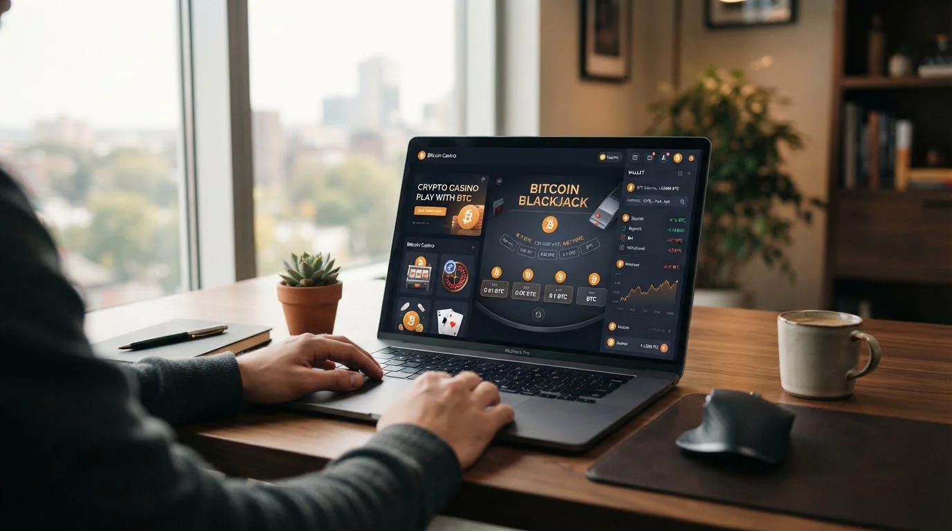 Pantalla de laptop mostrando interfaz de casino con símbolos Bitcoin y wallet crypto abierta sobre escritorio moderno