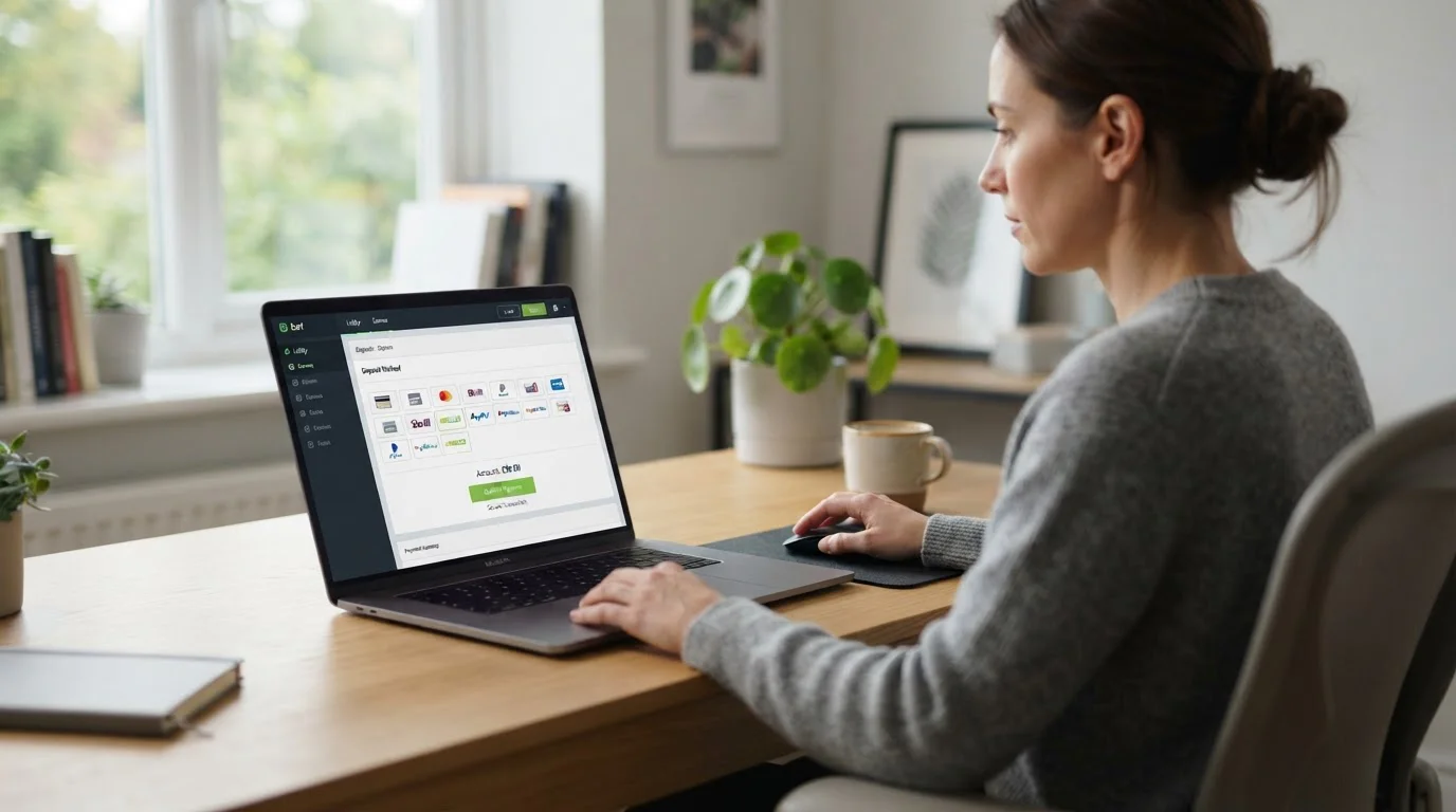 Persona usando laptop para acceder a casinos online con Neteller en España