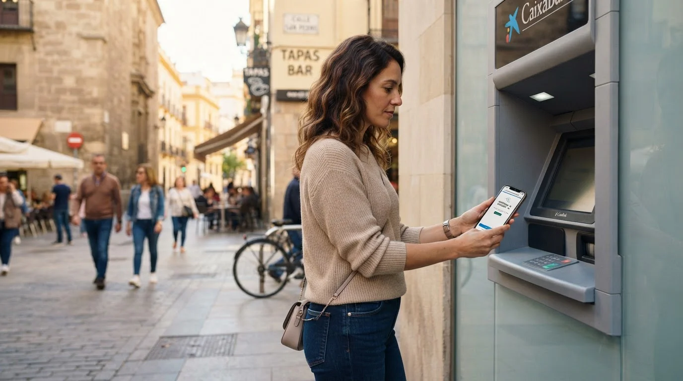 Persona retirando dinero en efectivo de un cajero automático sin tarjeta mediante código SMS