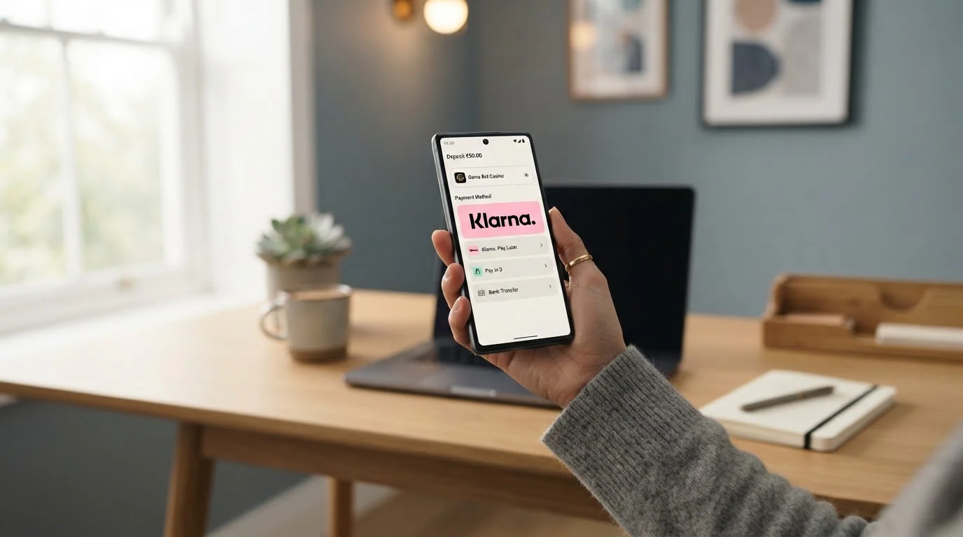 Persona depositando en casino online con Klarna desde smartphone en entorno moderno