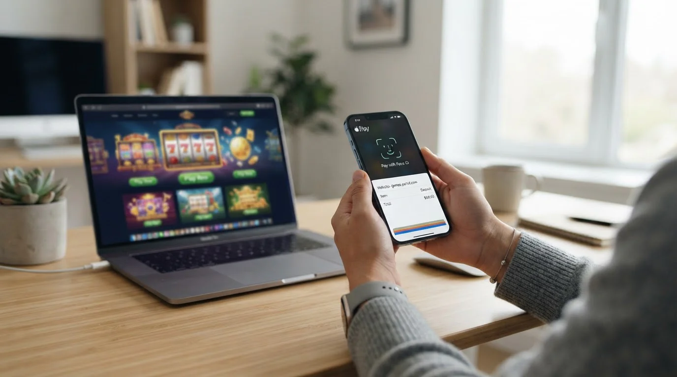 Persona usando iPhone con Apple Pay para depositar en casino online desde entorno profesional