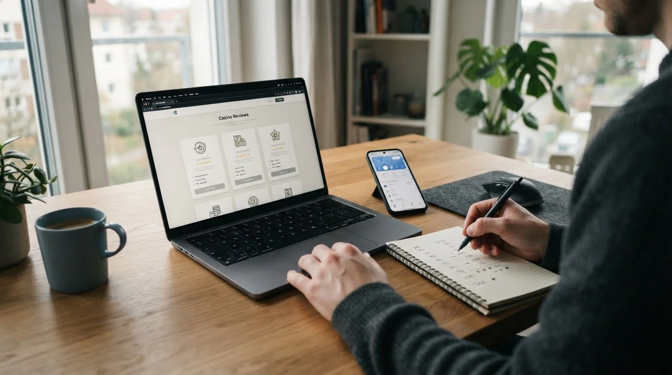 Persona revisando comparativa de casinos online en España con depósito mínimo en laptop
