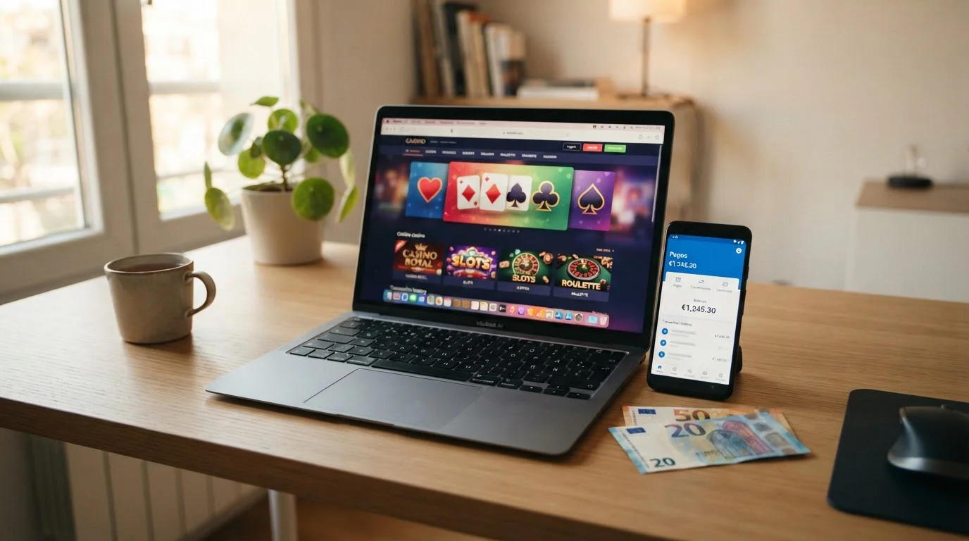 Espacio de trabajo con smartphone mostrando app Revolut y laptop con casino online