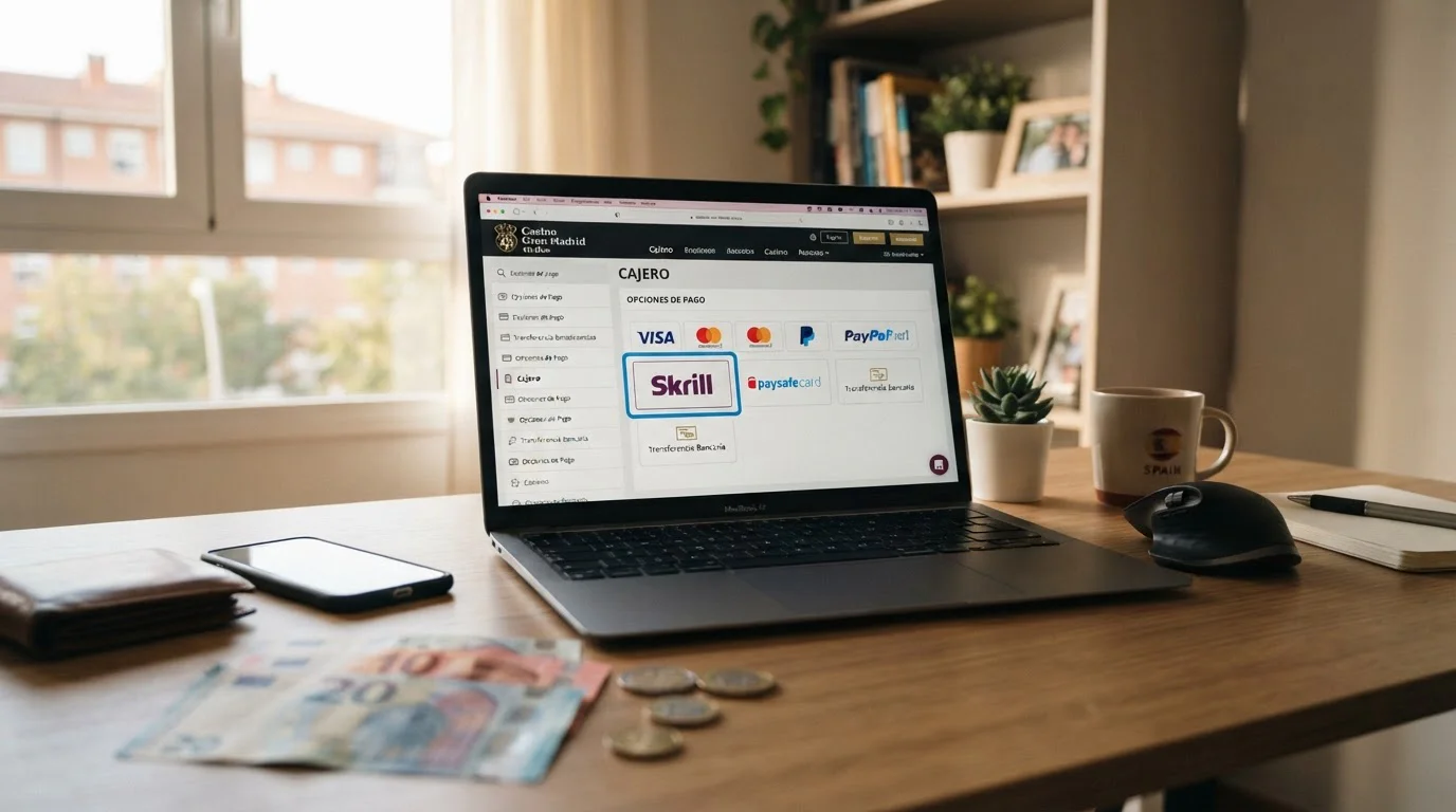 Interfaz de casino online con integración de Skrill en España mostrando opciones de pago