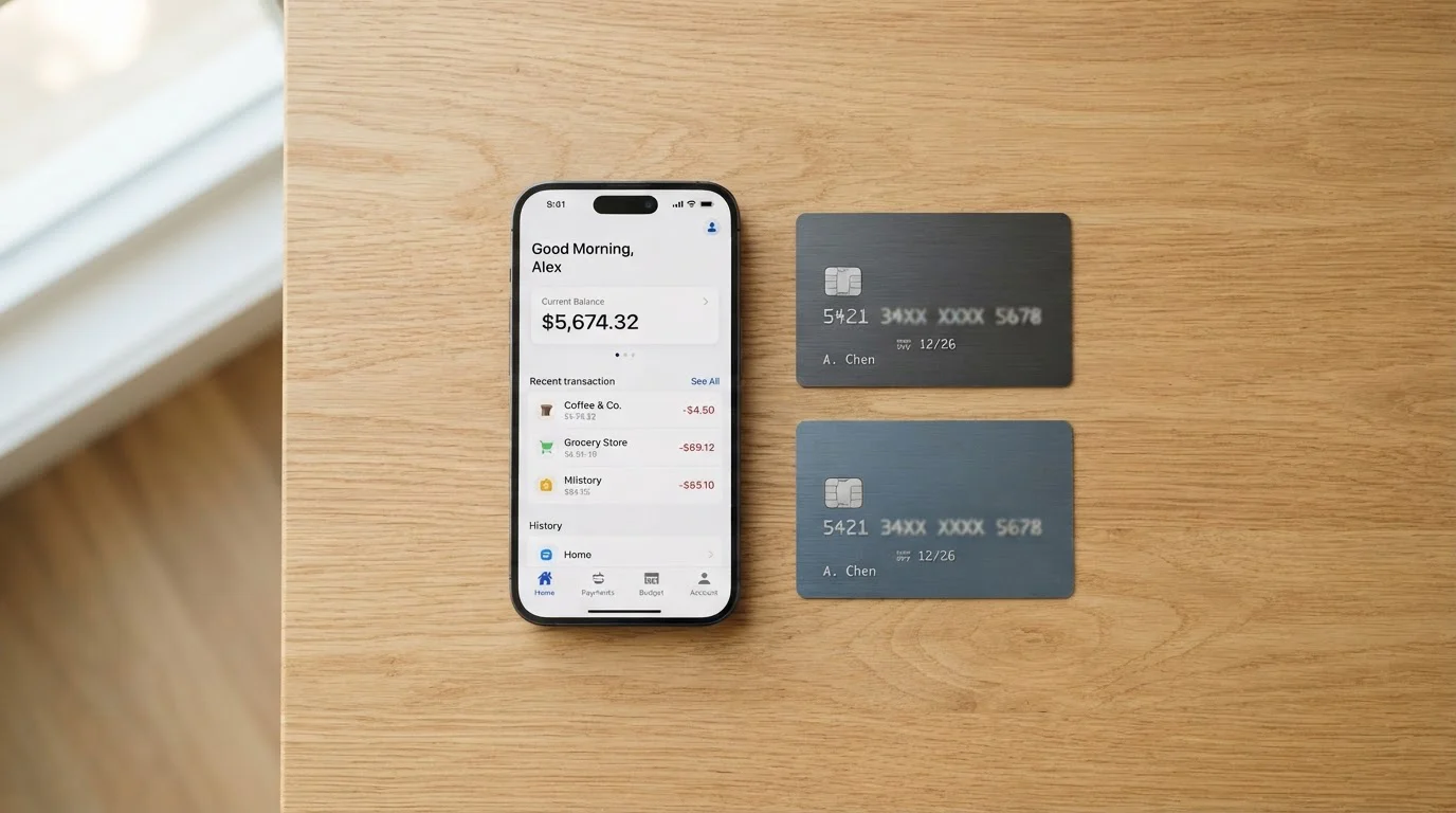 Smartphone con app de Bizum y tarjetas bancarias sobre mesa de oficina