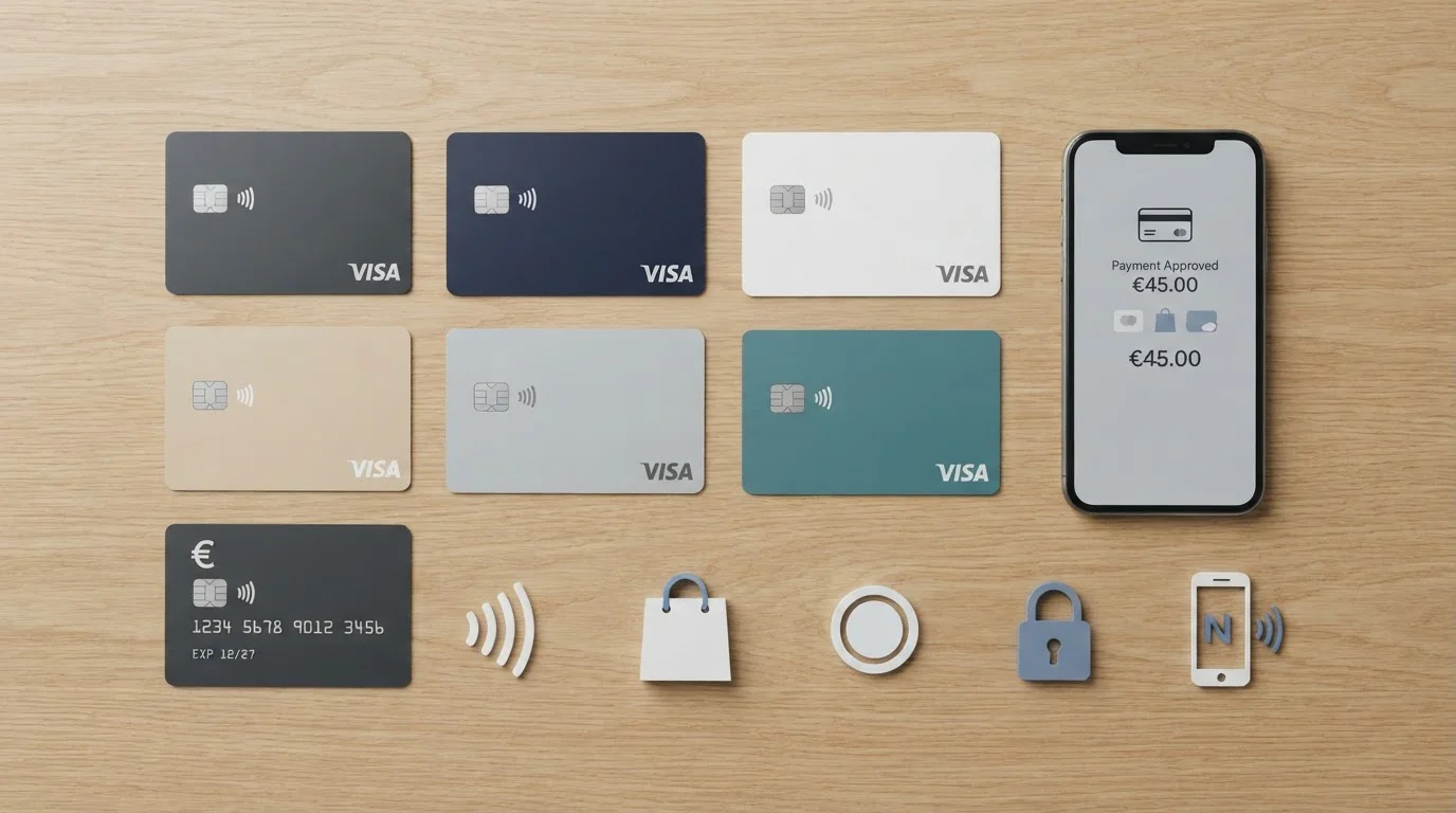 Composición de tarjetas de pago genéricas, smartphone y símbolos de euro sobre superficie de madera