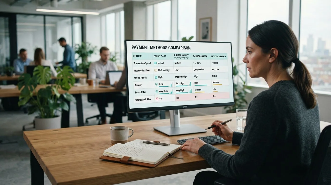 Tabla comparativa de métodos de pago en monitor con datos organizados