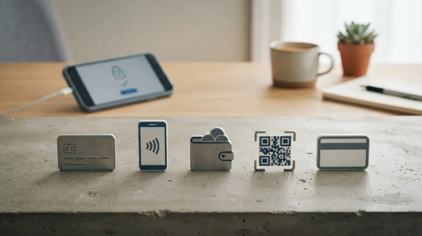 Iconos de métodos de pago sobre fondo neutro con teléfono móvil