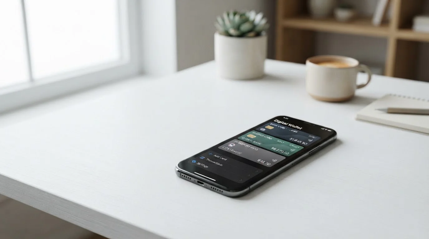 Smartphone con Wallet digital mostrando Apple Pay y Google Pay