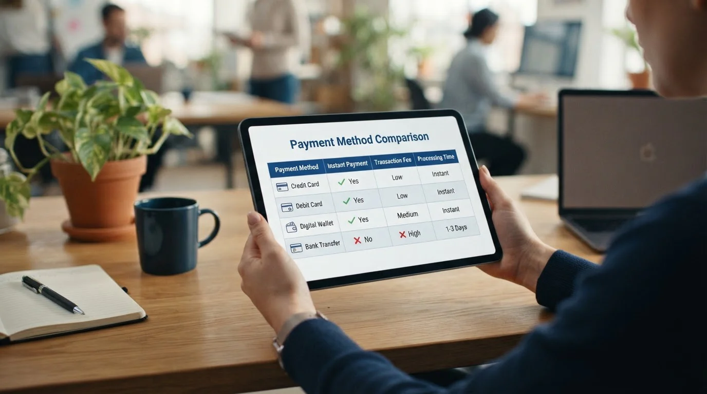 Tabla comparativa de métodos de pago con columnas de velocidad y disponibilidad en pantalla