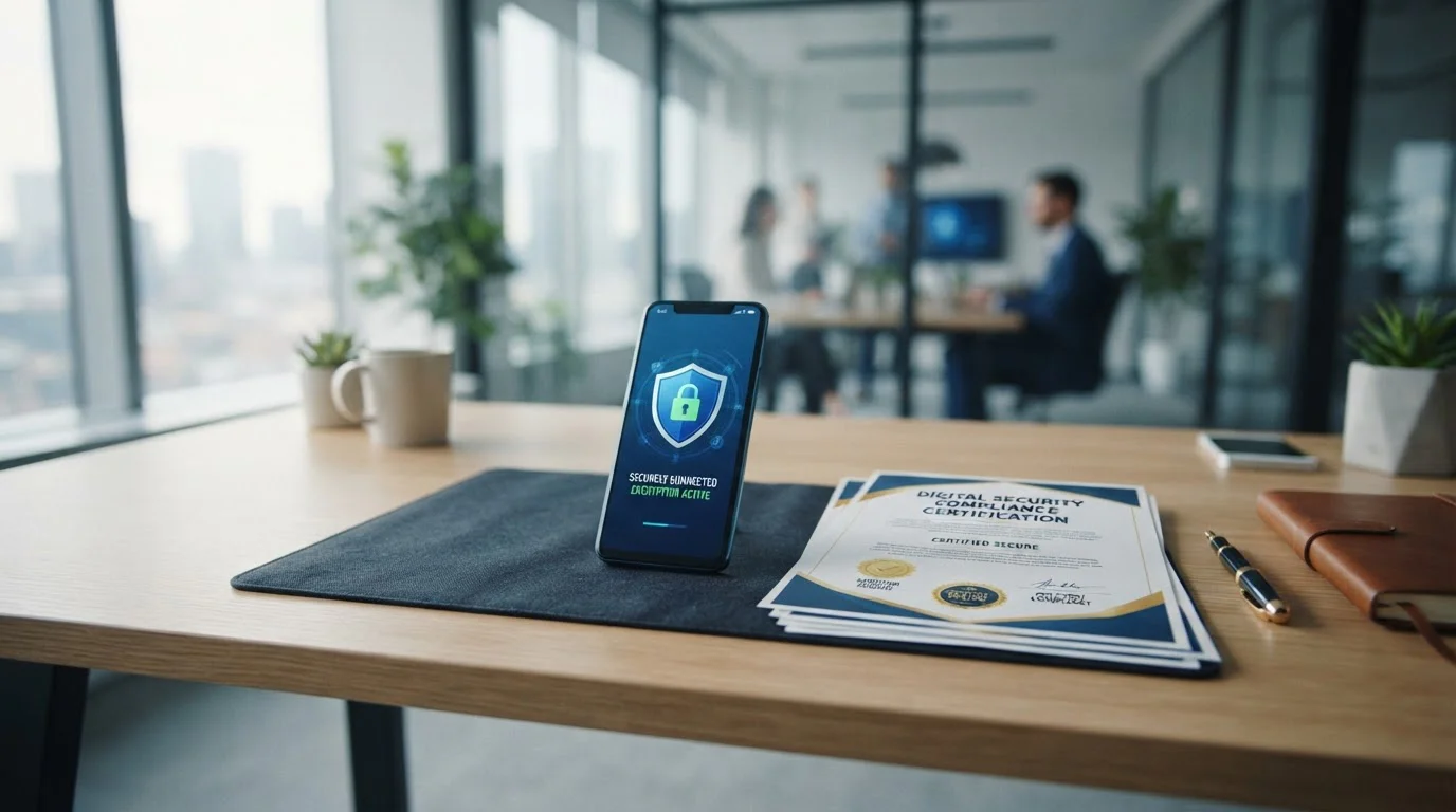 Smartphone con icono de seguridad y documentos de certificación sobre escritorio