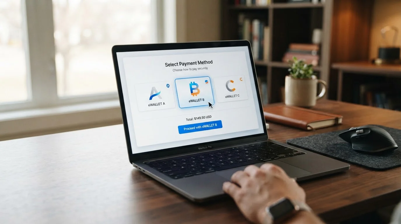 Logos de PayPal Neteller Skrill en interfaz de selección de monedero electrónico