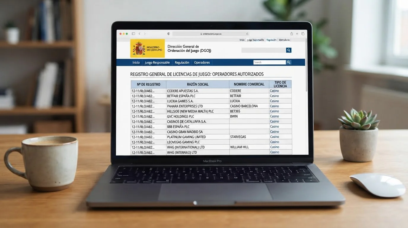 Pantalla de laptop mostrando página del registro DGOJ ordenacionjuego.es con lista de operadores autorizados en España