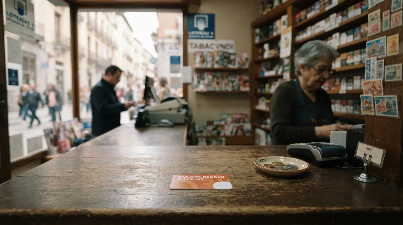 Mostrador de estanco español con cupón prepago sobre superficie de madera
