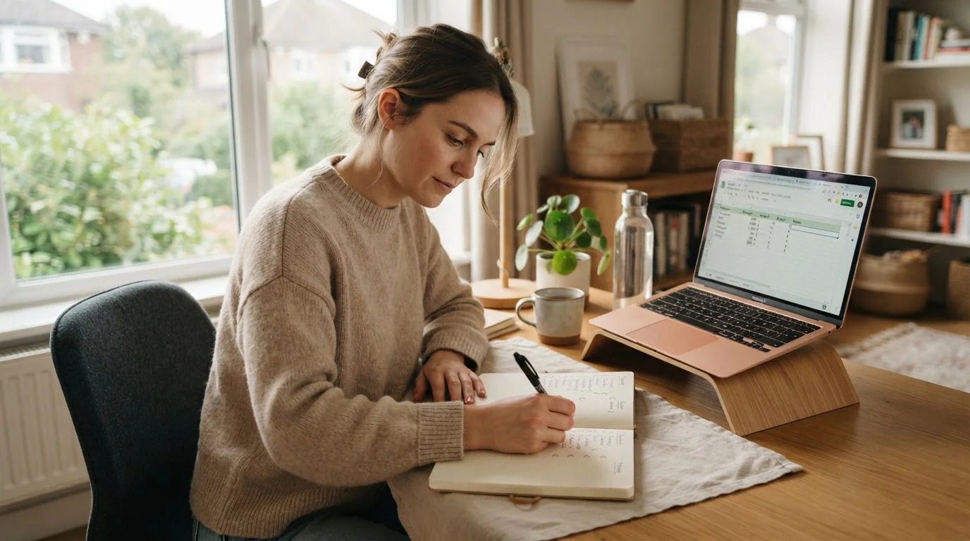 Persona escribiendo notas en cuaderno junto a portátil con hoja de cálculo de presupuesto