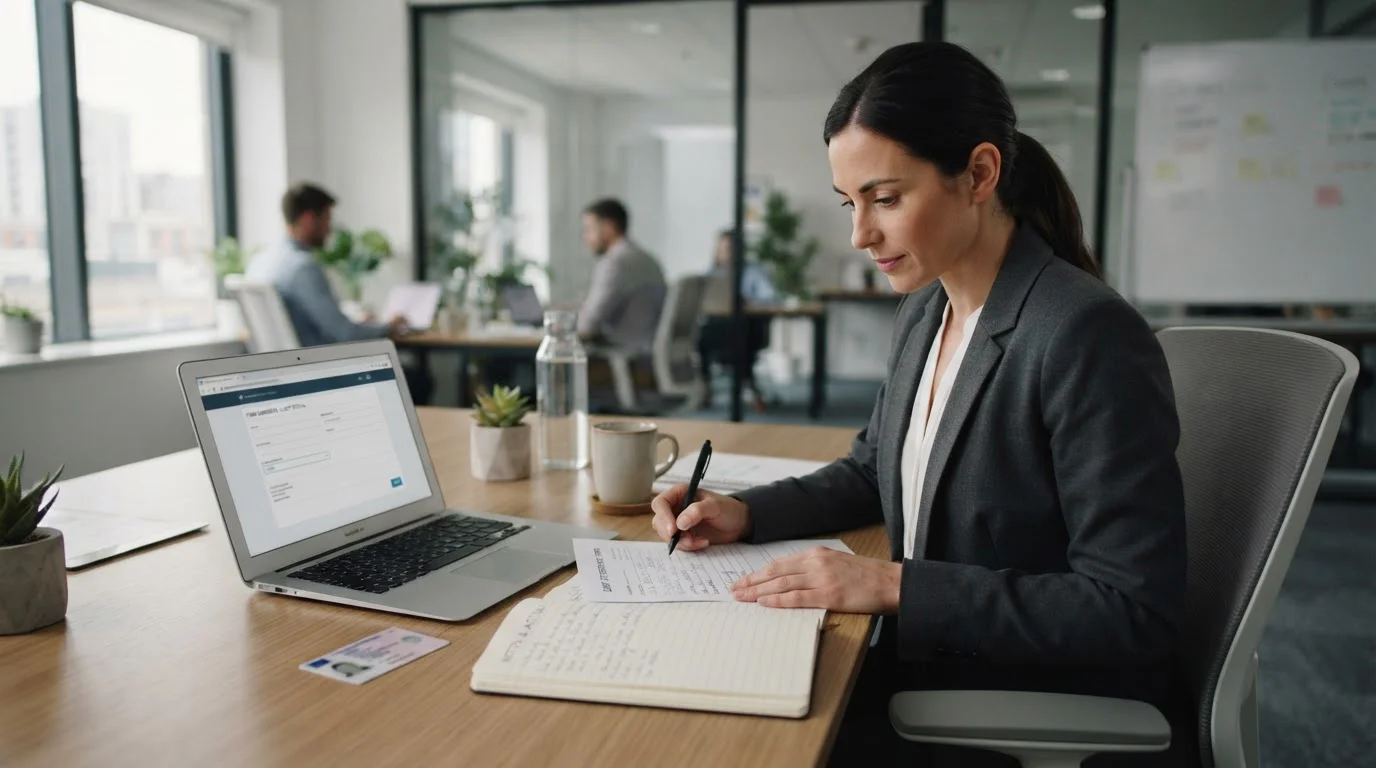 Persona revisando documentos junto a laptop con formulario en pantalla