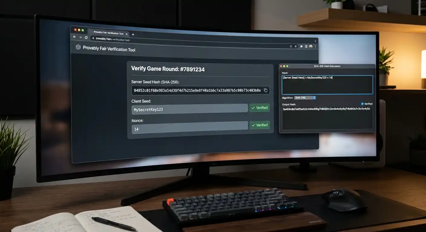 Pantalla mostrando verificación Provably Fair con server seed hash y calculadora SHA-256 abierta