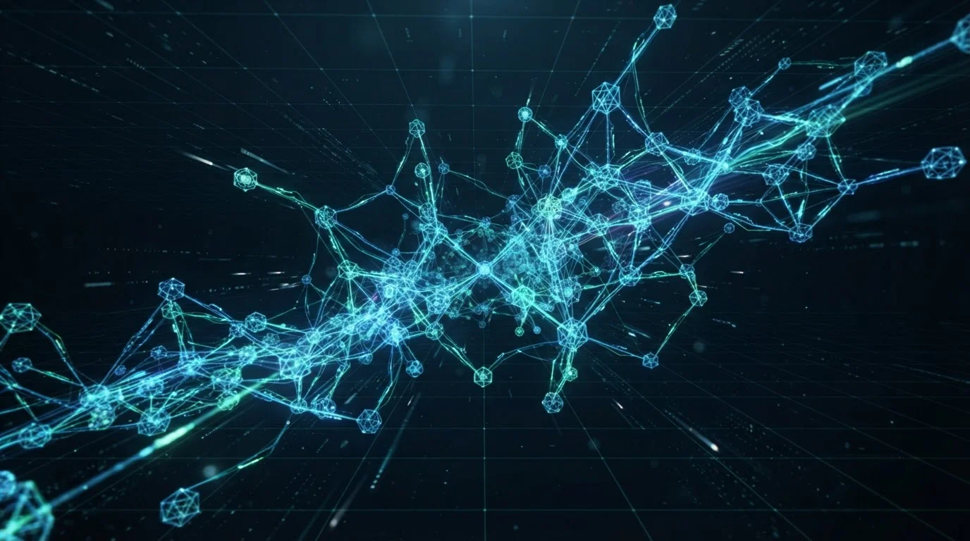 Visualización abstracta de red blockchain con nodos interconectados