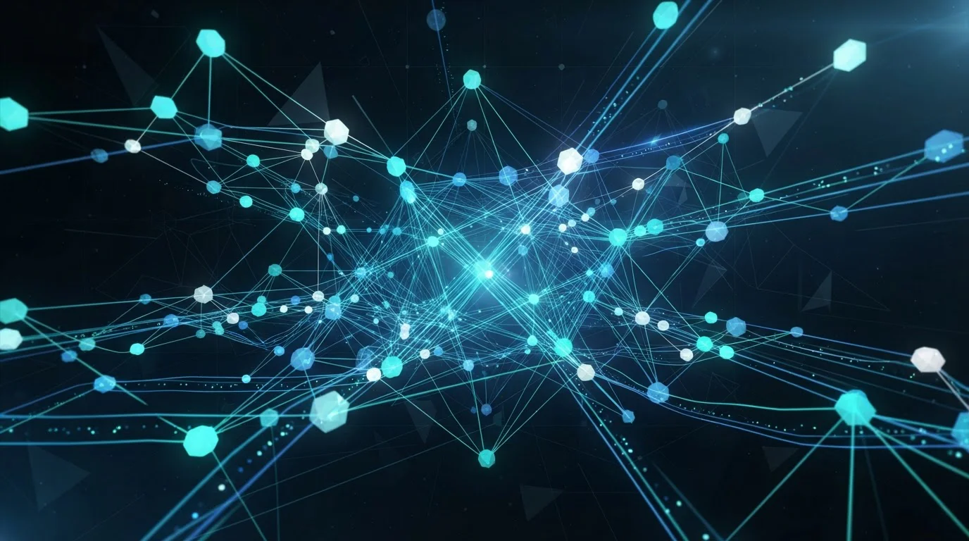 Representación abstracta de red blockchain con nodos interconectados