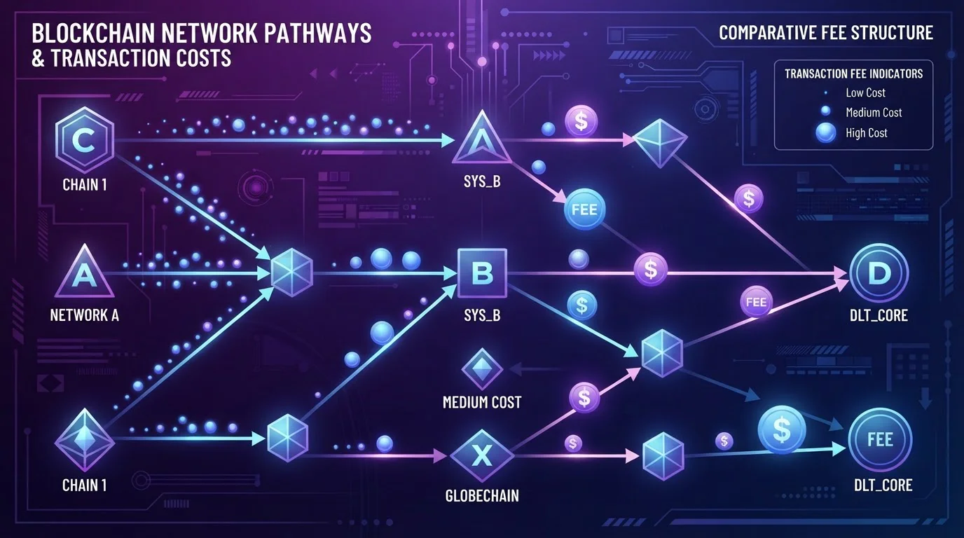 Diagrama de redes blockchain con comisiones comparadas