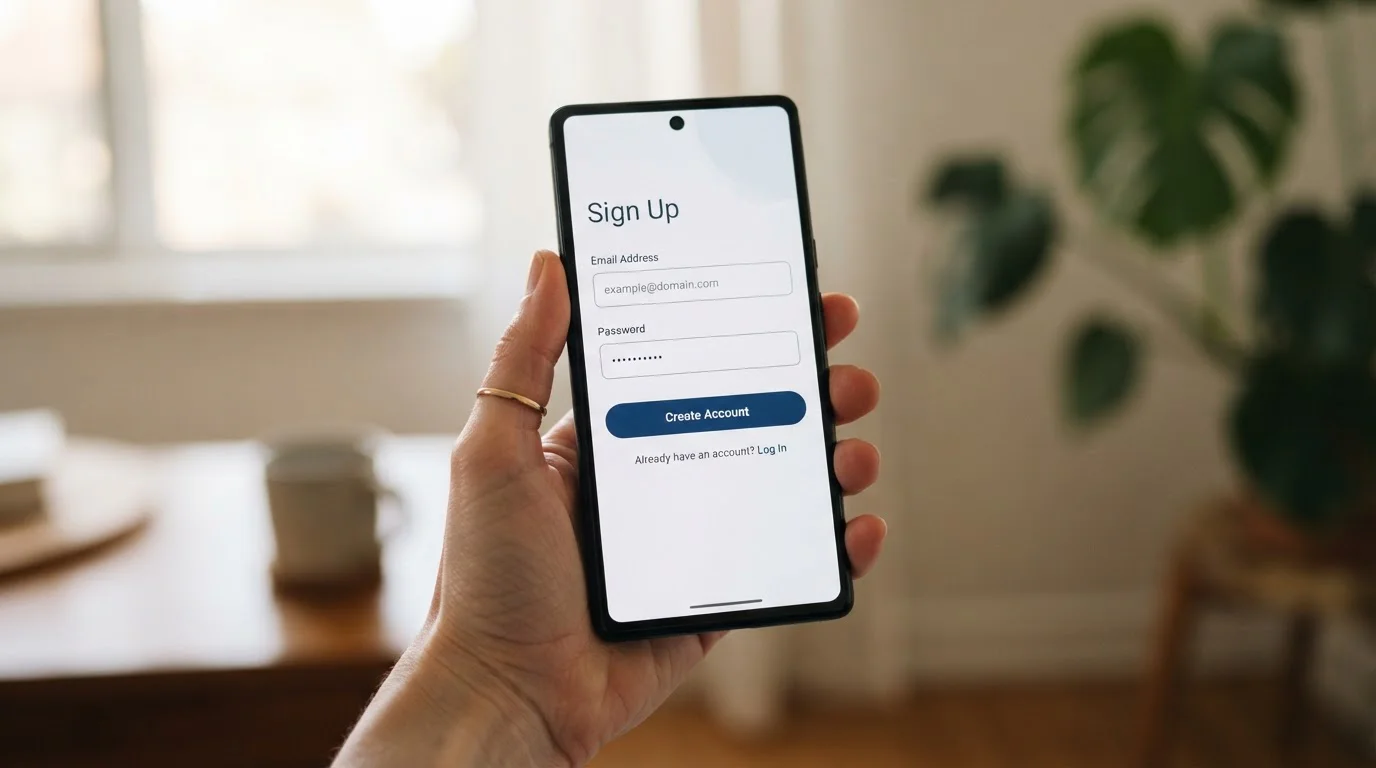 Pantalla de smartphone mostrando formulario de registro con solo email y contraseña