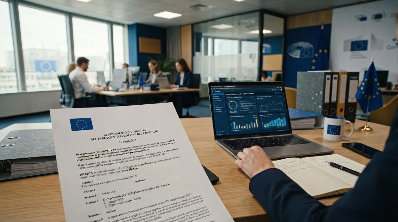 Documento regulatorio UE 2023/1114 con bandera europea y laptop mostrando interfaz regulatoria