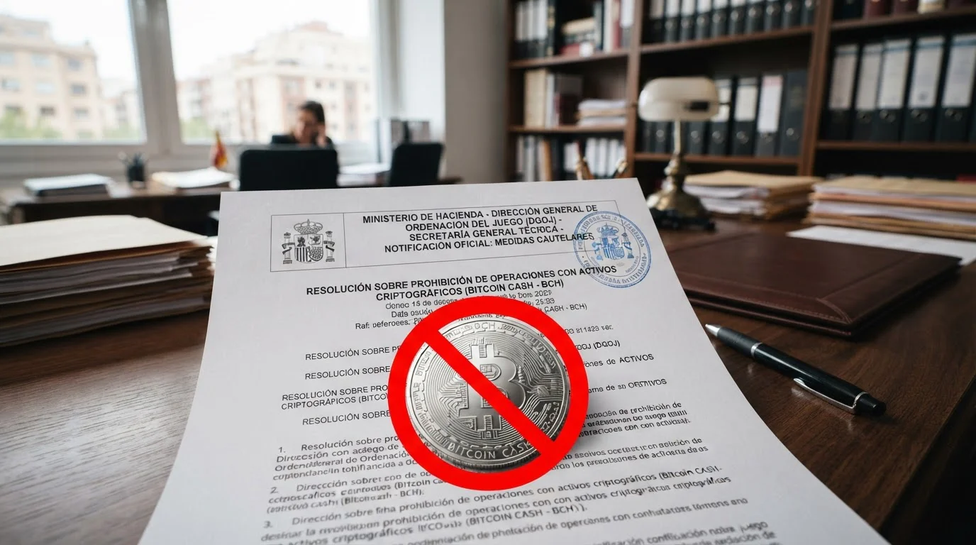 Documento legal con sello DGOJ y símbolo de Bitcoin Cash cruzado indicando prohibición