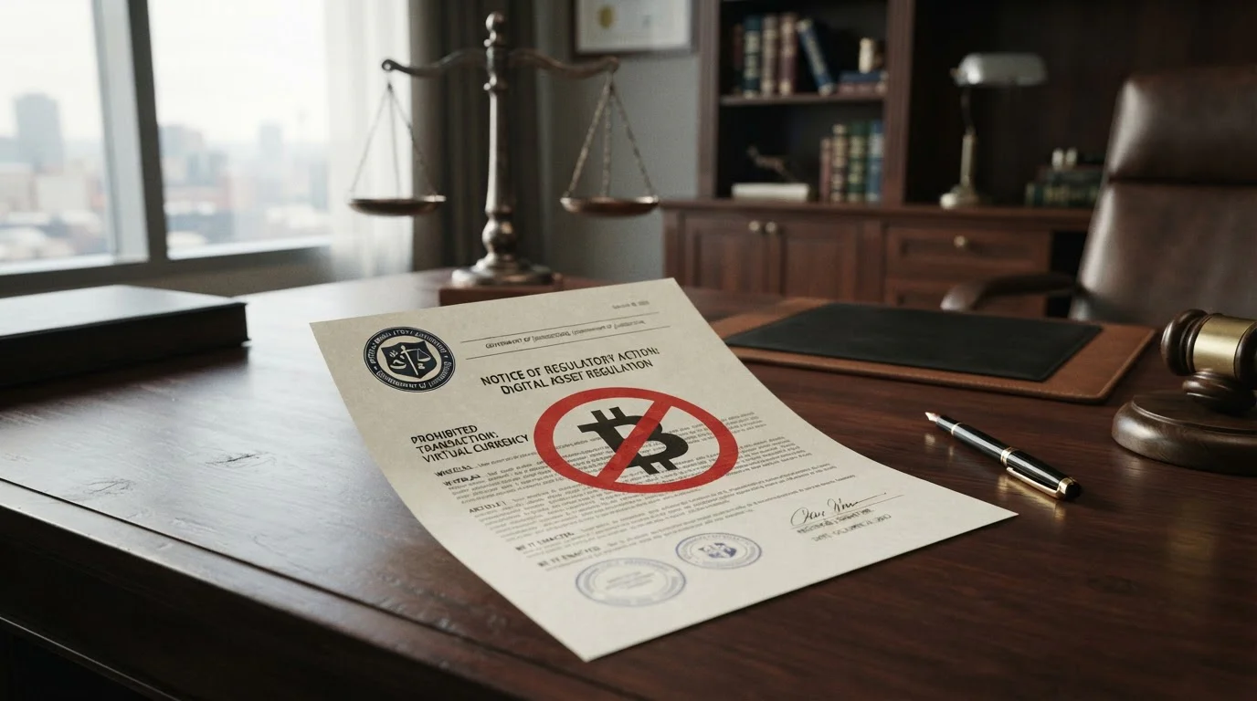 Documento legal con sello DGOJ y símbolo de criptomoneda tachado